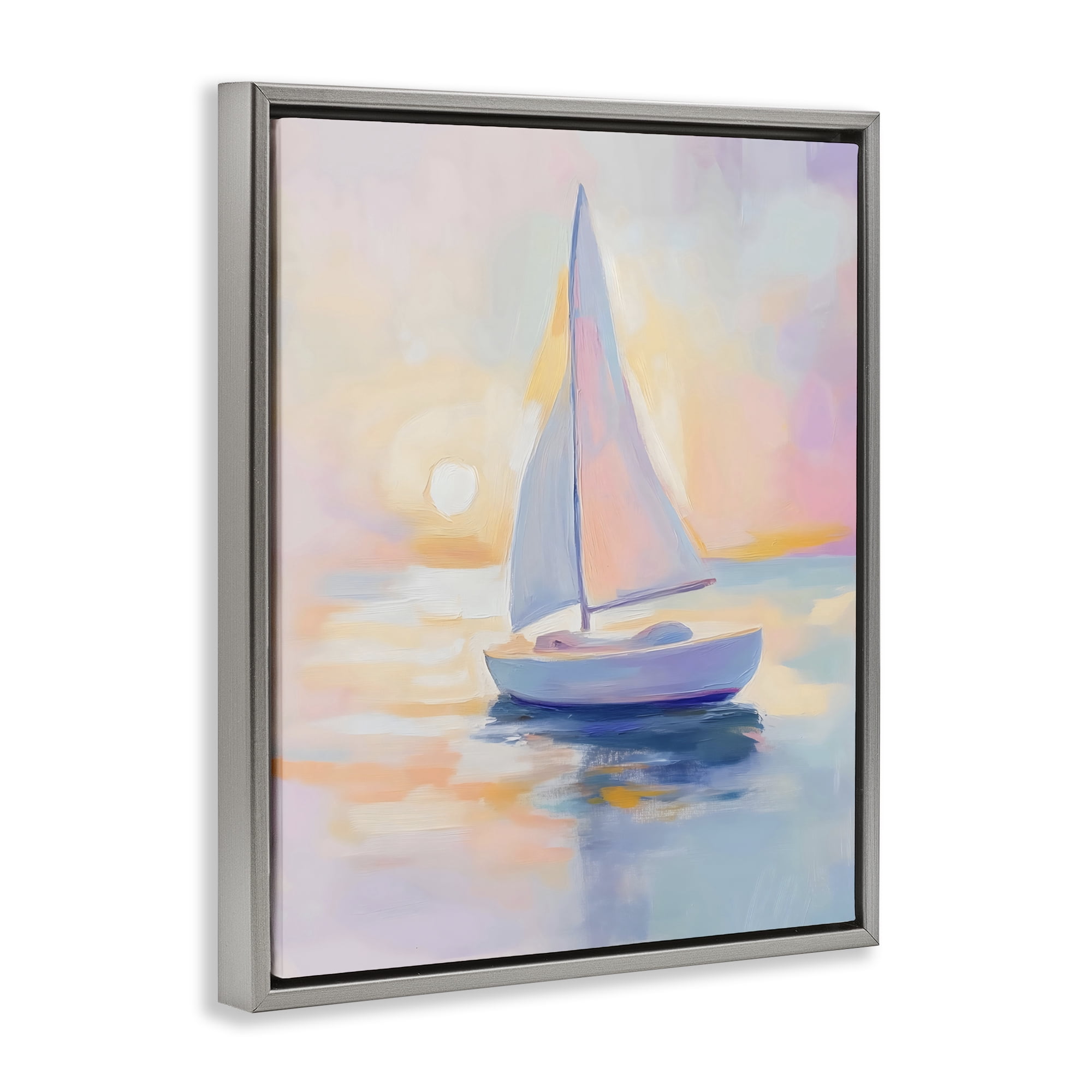 Stupell Industries Pastel Sailboat Toward Pink Horizon Gray Framed Floater Canvas Wall Art, design by The Prints Vibe