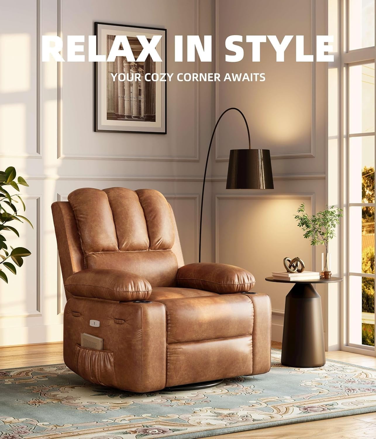 Oversized Electric Power Recliner Chair with Heat & Massage - 360° Swivel Rocker Recliner for Living Room, PU Leather Recliner with 1.5X Sponge Filling, 22" Large Seat Lazyboy Style.