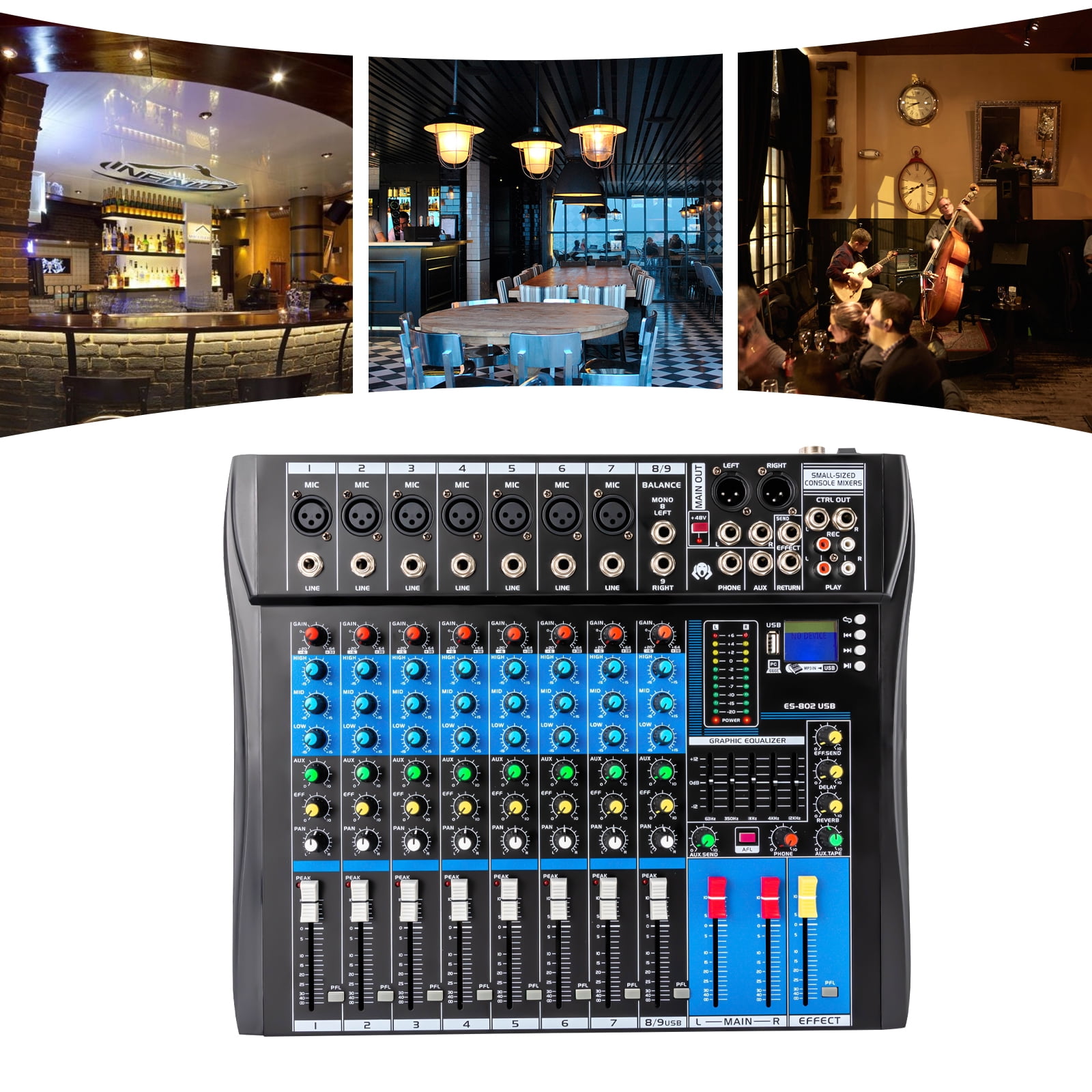 Wildnix Audio Mixer with Five-Band Equalizer, Bluetooth Compatibility, +48V Phantom Power, Four Reverb Effects, Real-Time Monitoring, and Canon Balanced Output