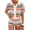 thumbnail image 3 of Two Piece Women Summer Casual Knit Short Sleeve Button Down Shirt and Shorts Matching Set Red Striped Suit S, 3 of 8