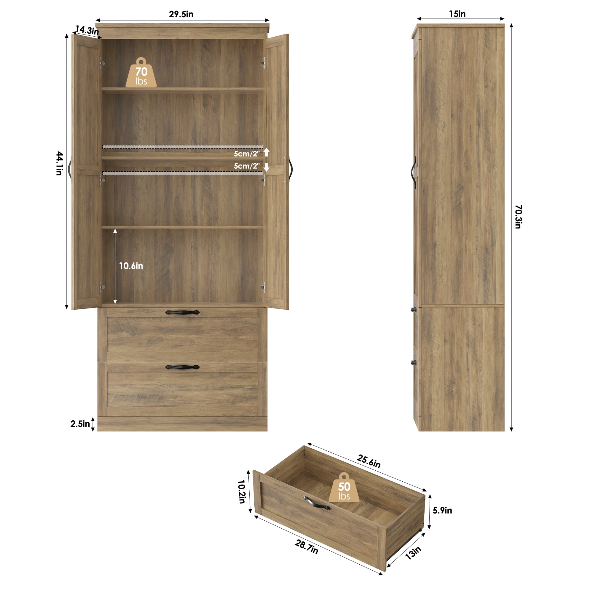 Homfa 70.3"H Bathroom Storage Cabinet, Farmhouse Linen Storage Cabinet with 2 Drawers, Rustic Brown