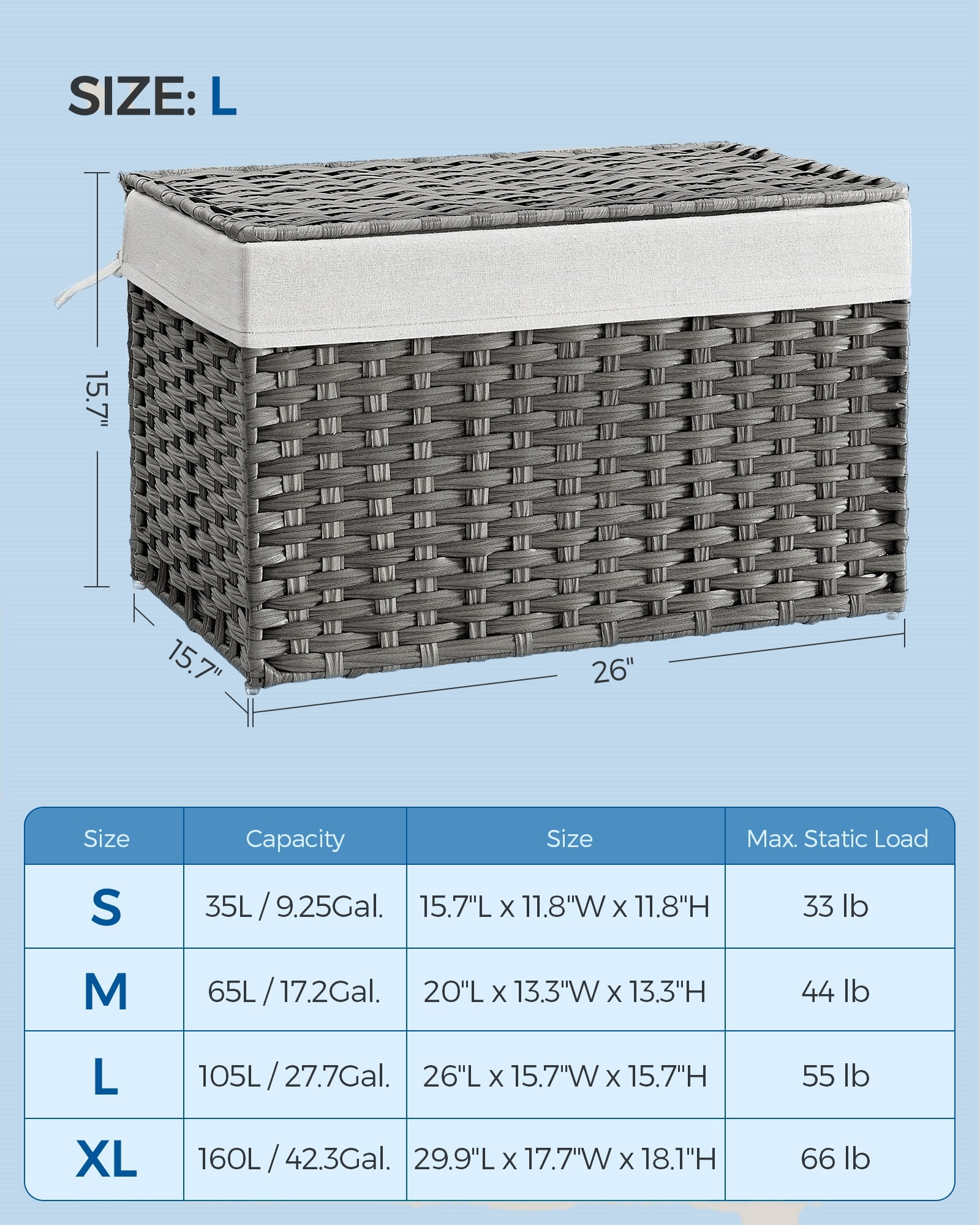 Gray Storage Basket with Lid, 27.7 Gallon (105L) Woven Storage Bin. Features handles, a removable liner, and a metal frame.