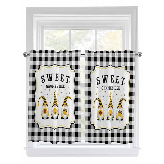 Gnomes Bees Bathroom Window Curtain, Spring Sunflowers Honey Daisy Black Plaid Light Filtering Coffee Kitchen Curtains, Bedroom Living Room Curtains 2 Panel 84"x45"