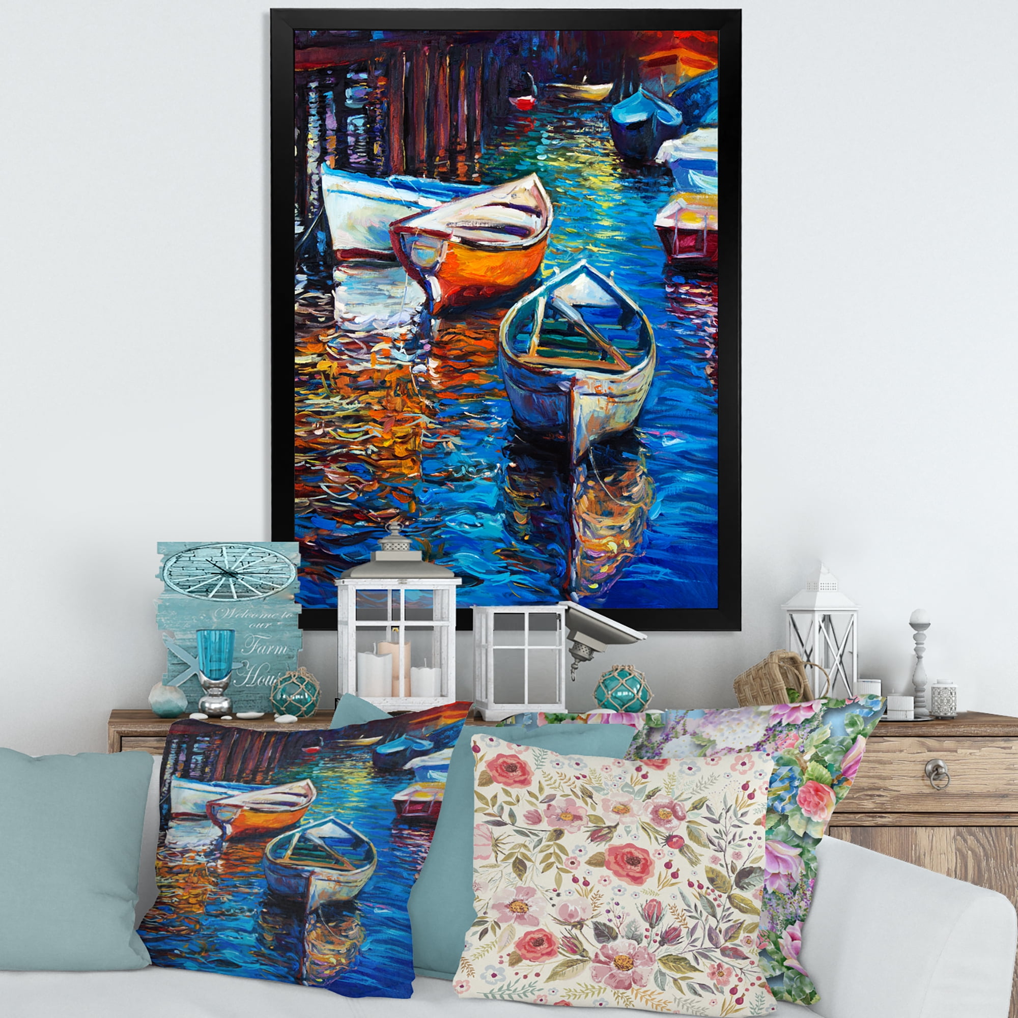 Boats During Warm Sunset Resting On The Water X 30 in x 40 in Framed Painting Canvas Art Print, by Designart