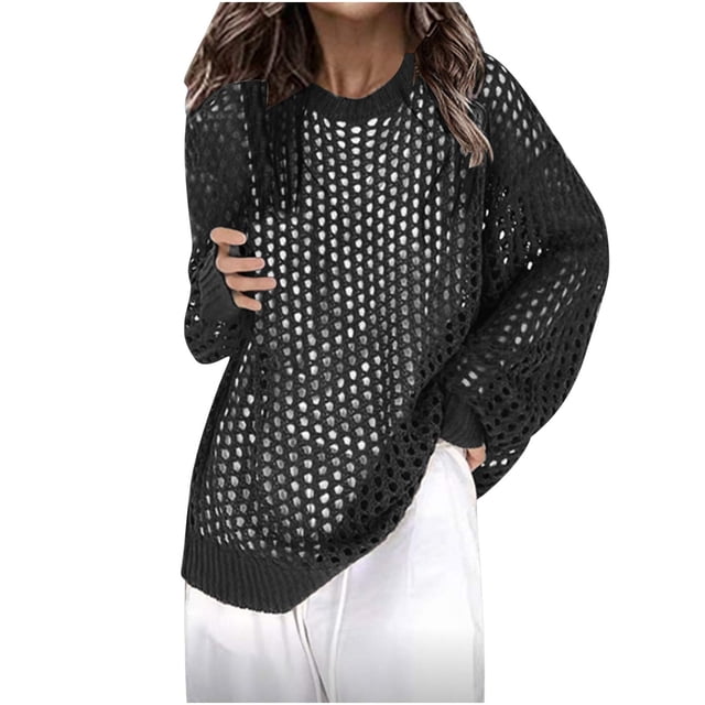 Timegard Hauts à Manches Longues pour Femmes Col Rond Ajouré Couverture Automne Mode Décontractée Voyage Hauts Amples