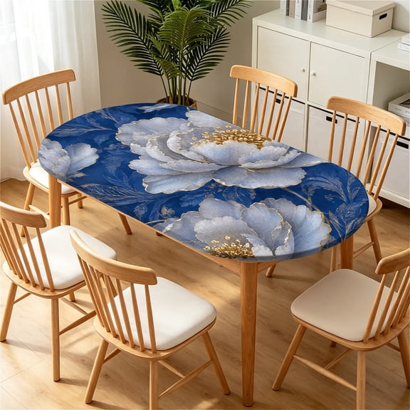 ARTSLION Elastic Tablecloth For Oval Tables, Waterproof Tablecover For Up To 42X68in Oval Table Cover, Dining Tablecover For Indoor And Outdoor, Holiday, Navy Peony