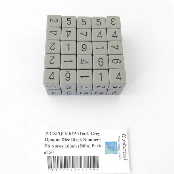 Dark Grey Opaque Dice with Black Numbers D6 Aprox 16mm (5/8in) Pack of 50 Wondertrail