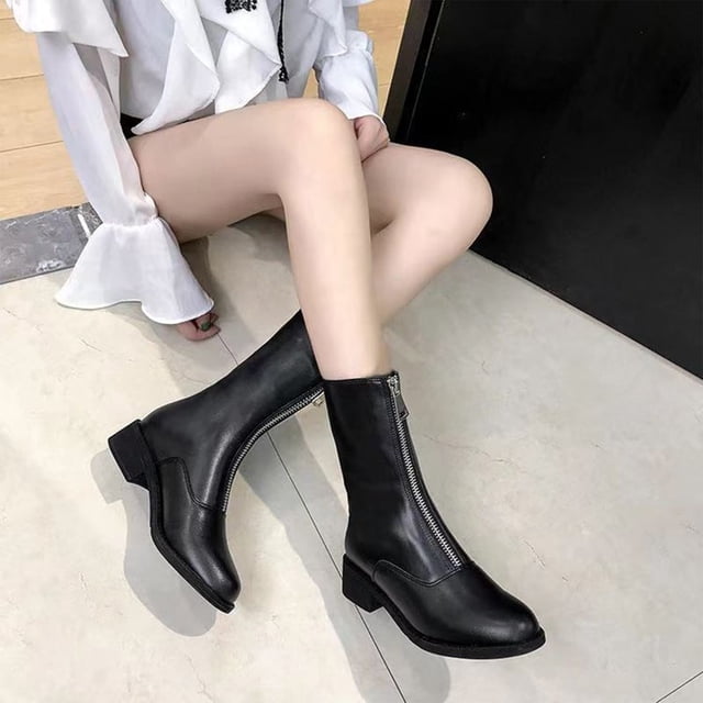 EGNMCR Bottes d'Hiver pour Femmes, Bottes d'Hiver pour Femmes Bottes Rétro Élastiques à la Cheville Doublées en Molleton Mode Talon Plat Bout Rond Automne Talon Fermeture Éclair avant Chaussures Cylindriques Bottes pour Femmes
