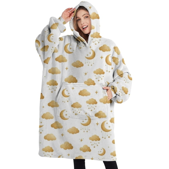 Oversized Wearable Blanket Hoodie,White Golden Cloud Moon Pattern Sherpa Blanket Hoodie with Super Pockets,Super Warm Fuzzy Pullover for Women & Men