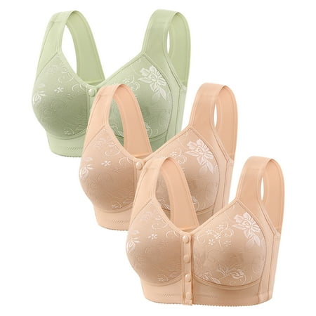 Gnurob Saving 3 Pack Daisy Bras for Women No Underwire Bralette Front Closure Bra Comfort Senior Snap Closing Bralettes for Older Deals 04-Gray Large
