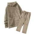 thumbnail image 5 of FASHOFT Fuzzy Sweatsuits for Men 2 Piece Lounge Sets Hoodies with Pocket and Wide Leg Pants Sleepwear Casual Outfits Set Khaki L, 5 of 9