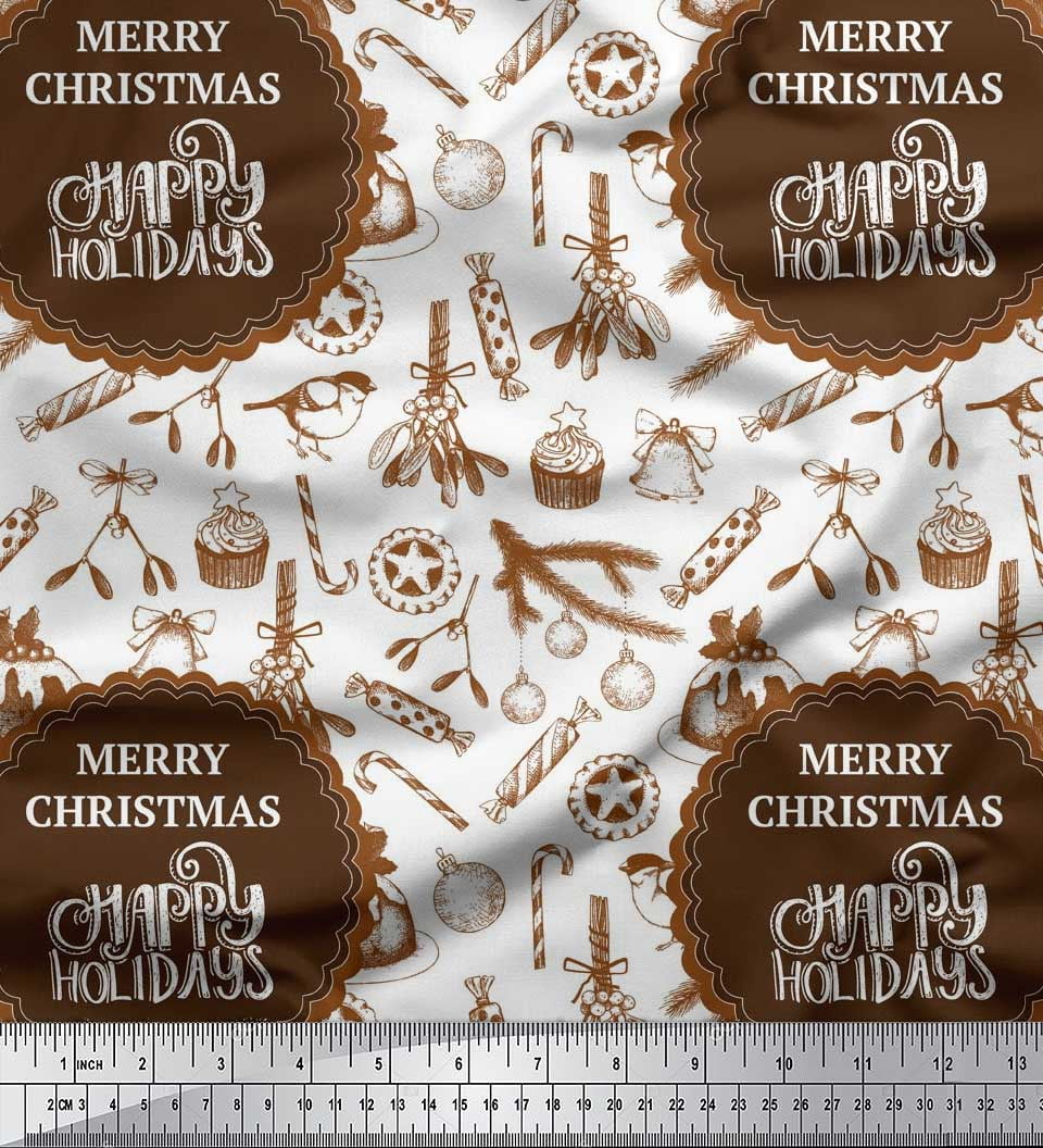 Soimoi Brown Poly Georgette Fabric Candies,Bell & Baubles Christmas Printed Craft Fabric by the Yard 42 Inch Wide