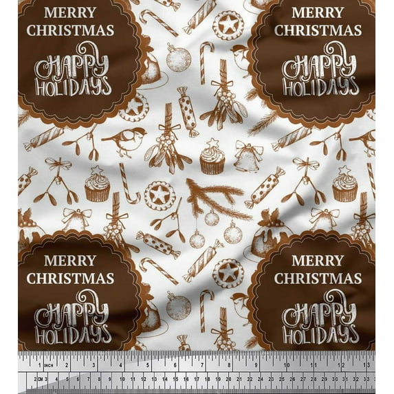 Soimoi Brown polyester Crepe Fabric Candies,Bell & Baubles Christmas Printed Craft Fabric by the Yard 52 Inch Wide
