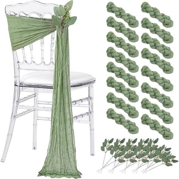 Sage Green Wedding Chair Sashes: Cheesecloth Chair Cover with Artificial Eucalyptus - Reception Party Decoration