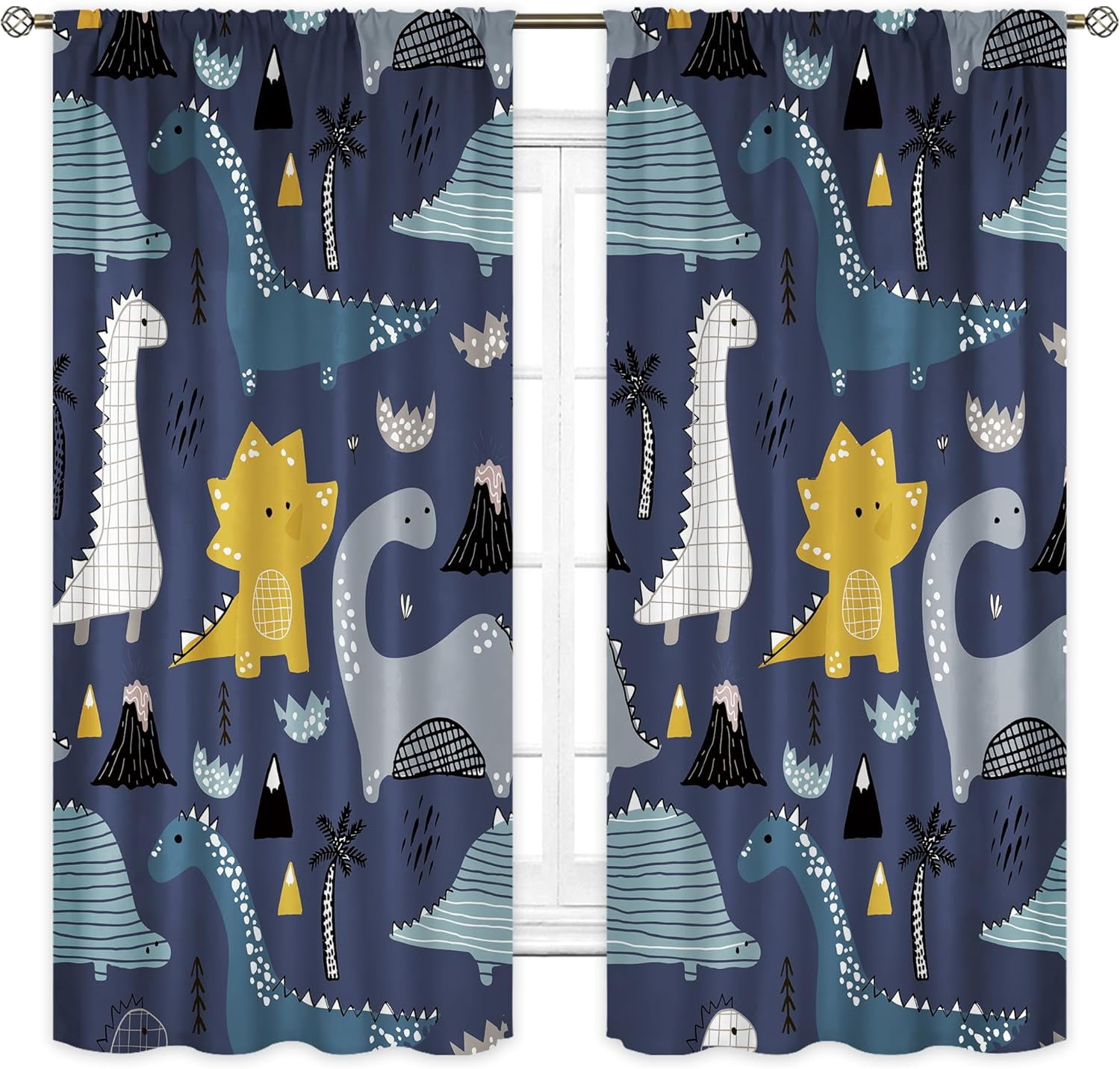 Kids Dinosaur Curtains 42Wx63H Inch Rod Pocket Cute Cartoon Dark Blue Dino Toddler Nursery Funny Animal Art Printed Room Decor Living Room Bedroom Window Drapes Treatment Fabric 2 Panels