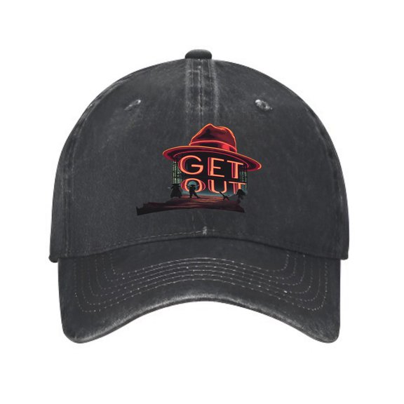 Vintage Cotton Washed Distressed Baseball Cap - Black with Curved Brim Red Hat Graphic ' GET OUT ' in Bold Orange Silhouettes of Person & Dog Perfect Golf Dad Hat for Men & Women