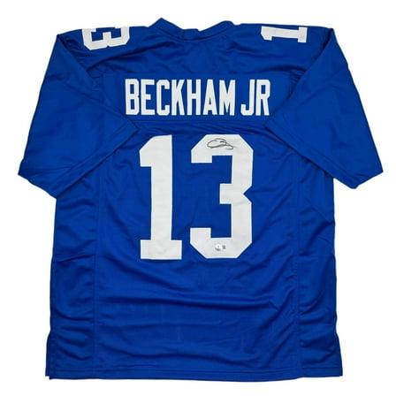 Autographed/Signed Odell Beckham Jr. New York Blue Football Jersey Beckett BAS COA