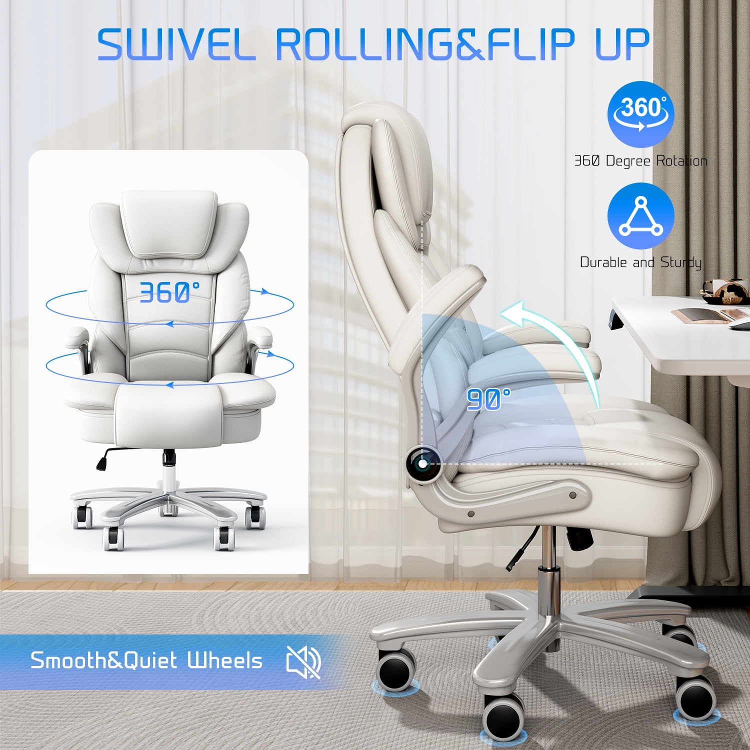 iooHug Big and Tall Office Chair 400lbs, Ergonomic Desk Chair with Lumbar Support, Flip-Up Arms, Faux Leather High Back Computer Chair for Home Office, White