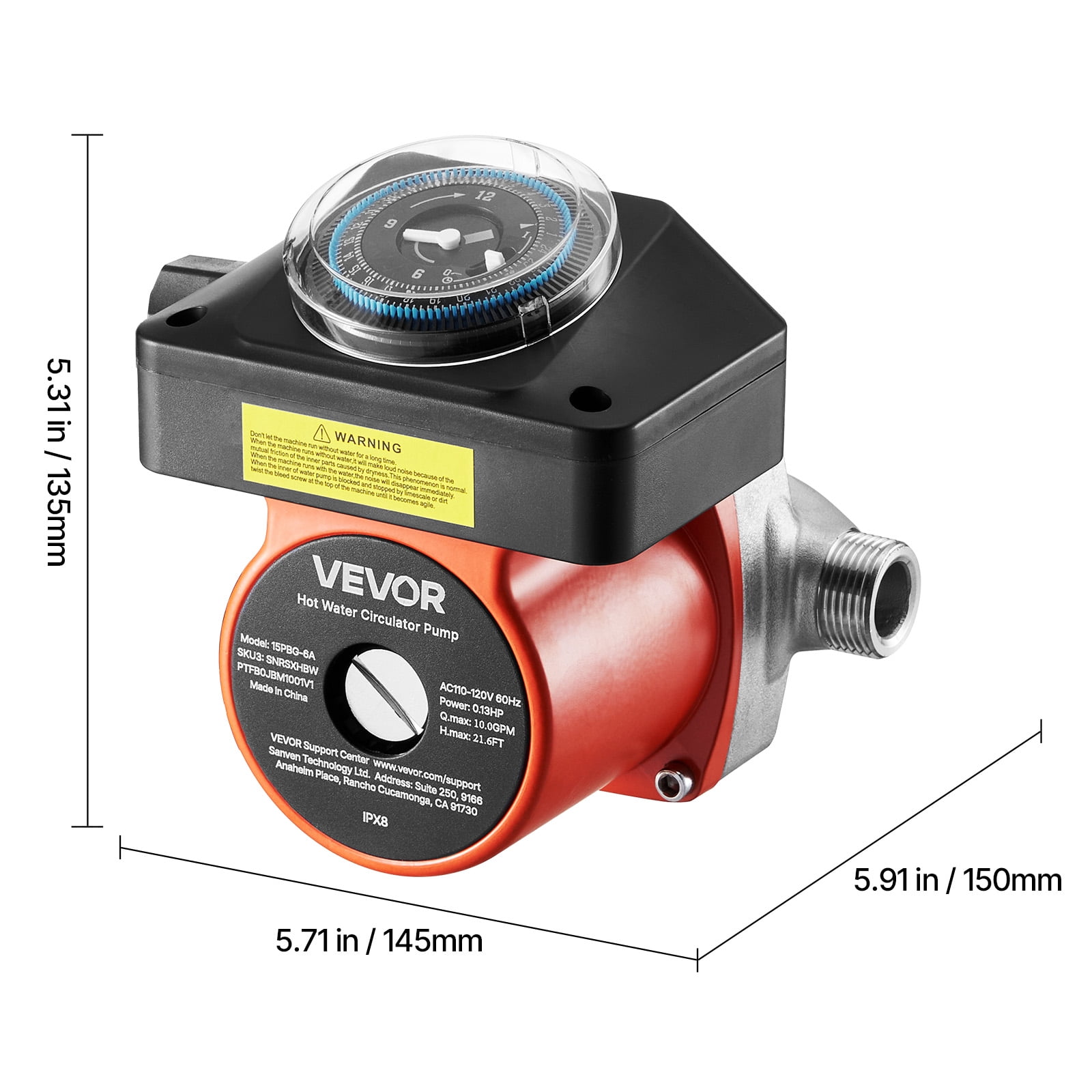 VEVOR Hot Water Recirculating Pump, with Bypass Valve, Instant Recirculation Pump Kit with Timer, Adapter, Circulation Circulator System, Stainless Steel Head,0.13 HP 110-120V, for Tank Water Heaters