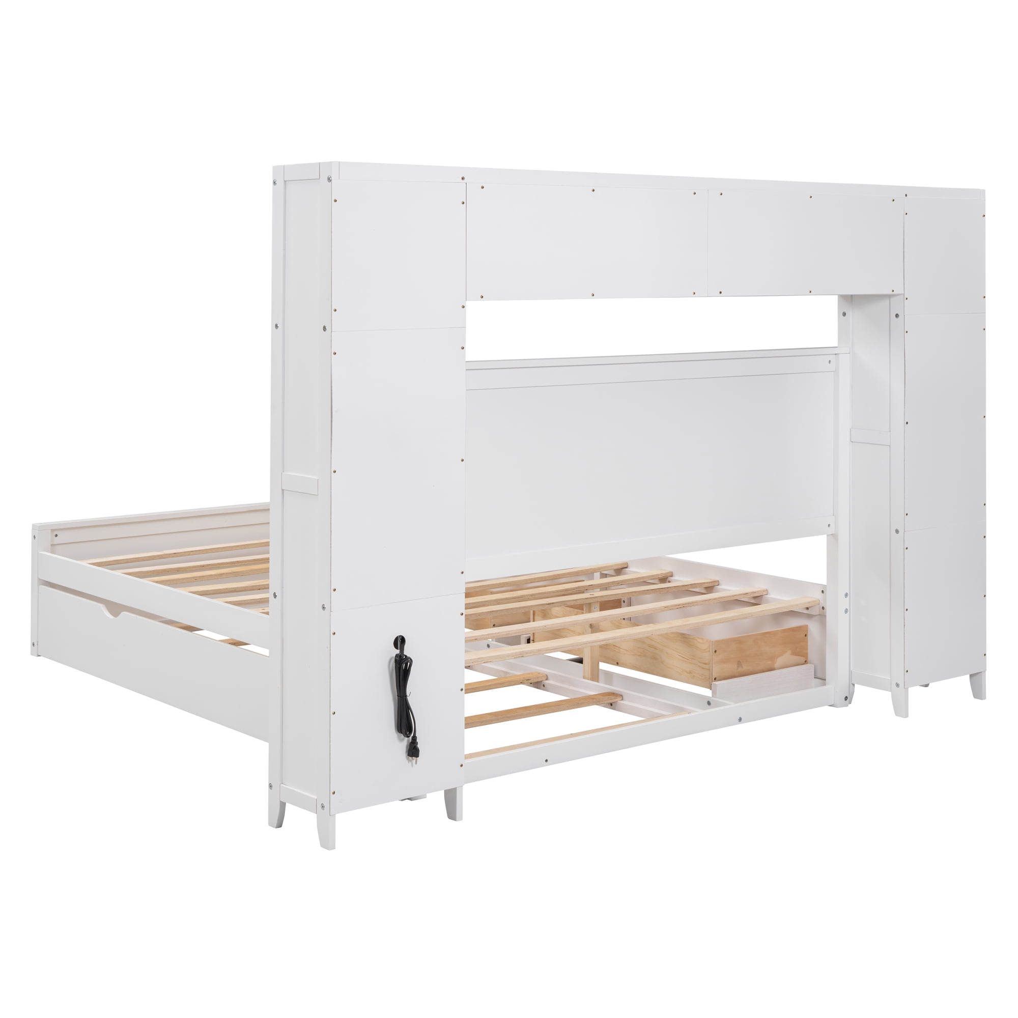Aukfa Queen Size Bed Frame with All-in-One Cabinet and Shelves, Wooden Functional Bed with Trundle and Storage Drawers, USB Ports Outlets, White