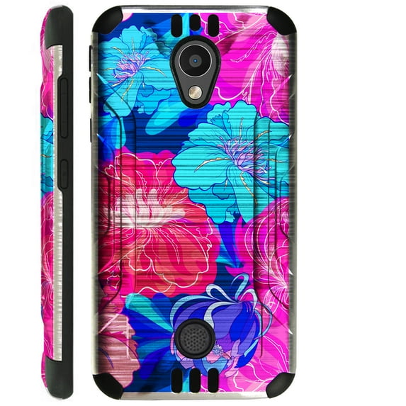 WORLD ACC Silver Guard Phone Case Compatible with Coolpad Legacy SR | Legacy S Brushed Metal Texture Hybrid TPU Cover (Hibiscus Blue Flower)