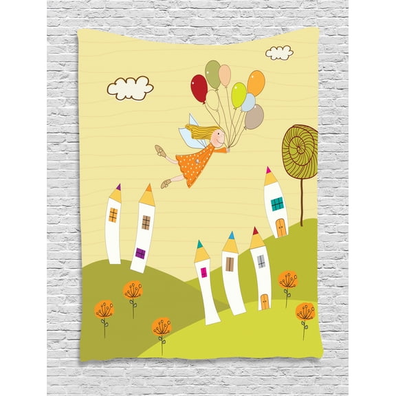 Fantasy Tapestry, Fairy Girl Floating over the City with Colorful Balloons Doodle Style Town on Hill, Wall Hanging for Bedroom Living Room Dorm Decor, 60W X 80L Inches, Multicolor, by Ambesonne