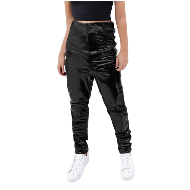 Odeerbi 3-16 Años Niños Niñas Pantalones de Cuero Metálico Brillante Sparkly Pantalones de Danza Workout Athletic Deportes Pantalones Largos