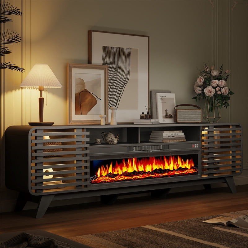 BaPiPro Mid‑Century Modern Fireplace TV Stand with 40 Inch Electric Fireplace 12‑Color RGB LED Lights Fits TVs up to 90 Inch Wood Media Console with Slatted Sliding Doors for Living Room Black
