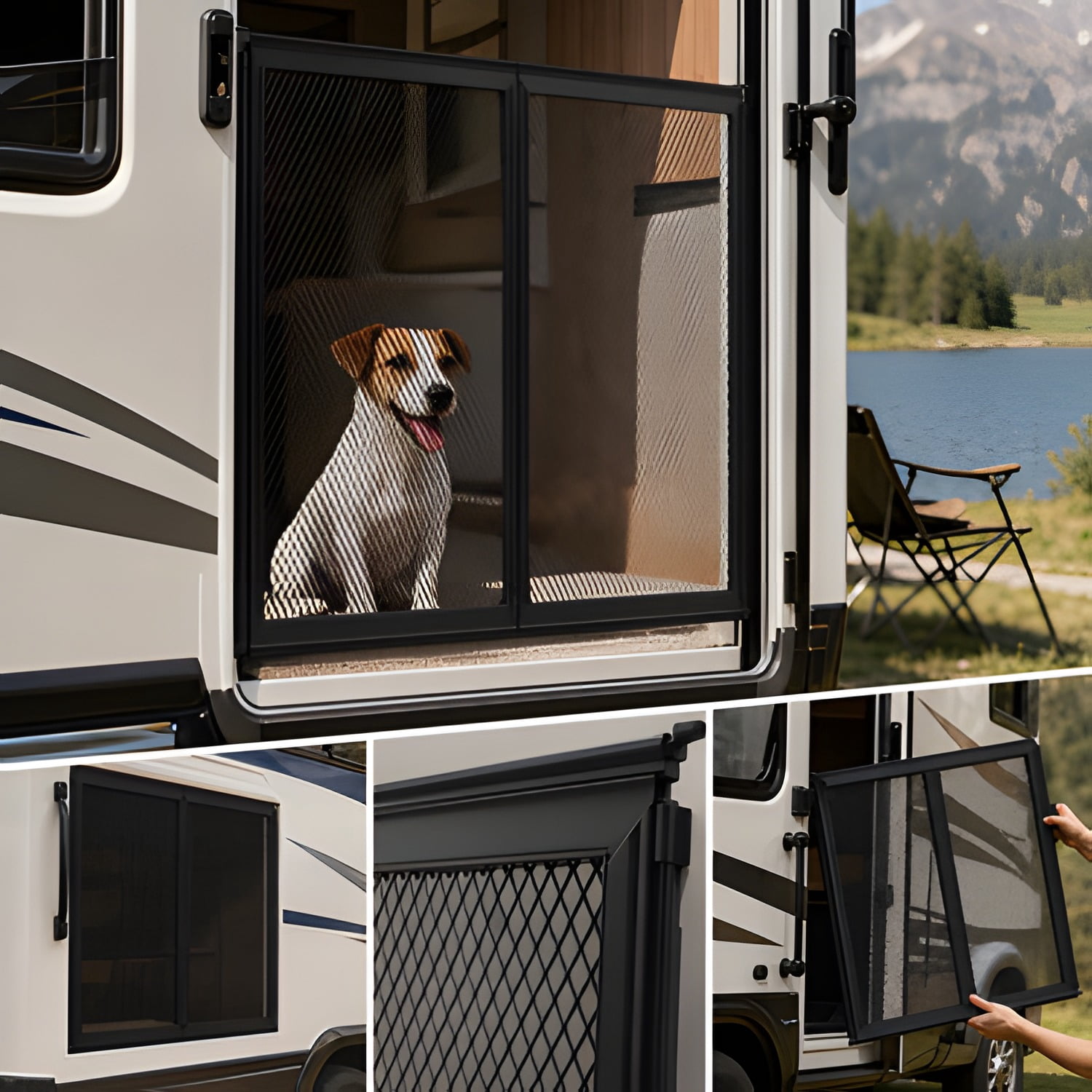 RV Screen Door Protector, 22.5 x 20 inch Door Grille, Easy to Install and Disassemble, Reinforced Breathable Protective Mesh, Aluminum Alloy Camper RV Entry Protector for Pet Protection, Black