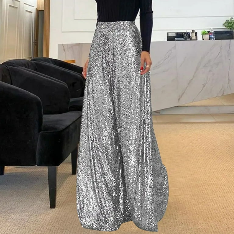 Silver Full Sequined Women Wide Leg Pant Elastic Waist Bling Luxury Chic  Capris Casual Gold Long Pant Female Club Casual Style - AliExpress