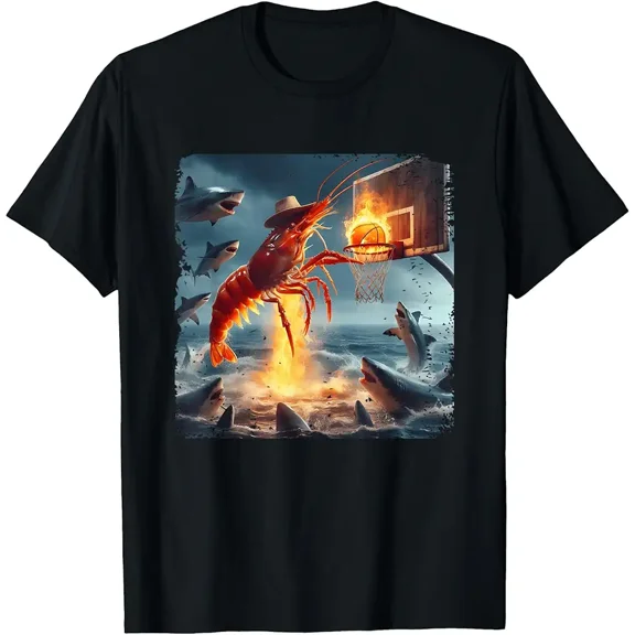 Funny Shrimp Dunking Shark Basketball Graphic Unisex Gift for Fisherman Short Sleeve Casual T-Shirt
