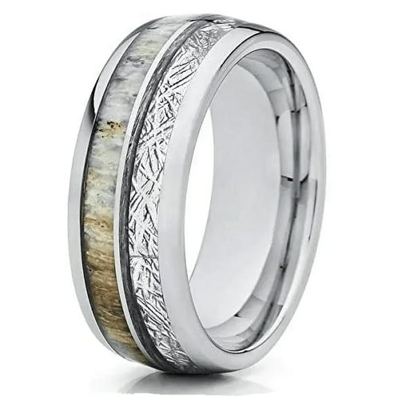 Silver Tungsten Carbide Wedding Band Ring for Men & Women â€“ Deer Antler & White Meteorite Inlay Design