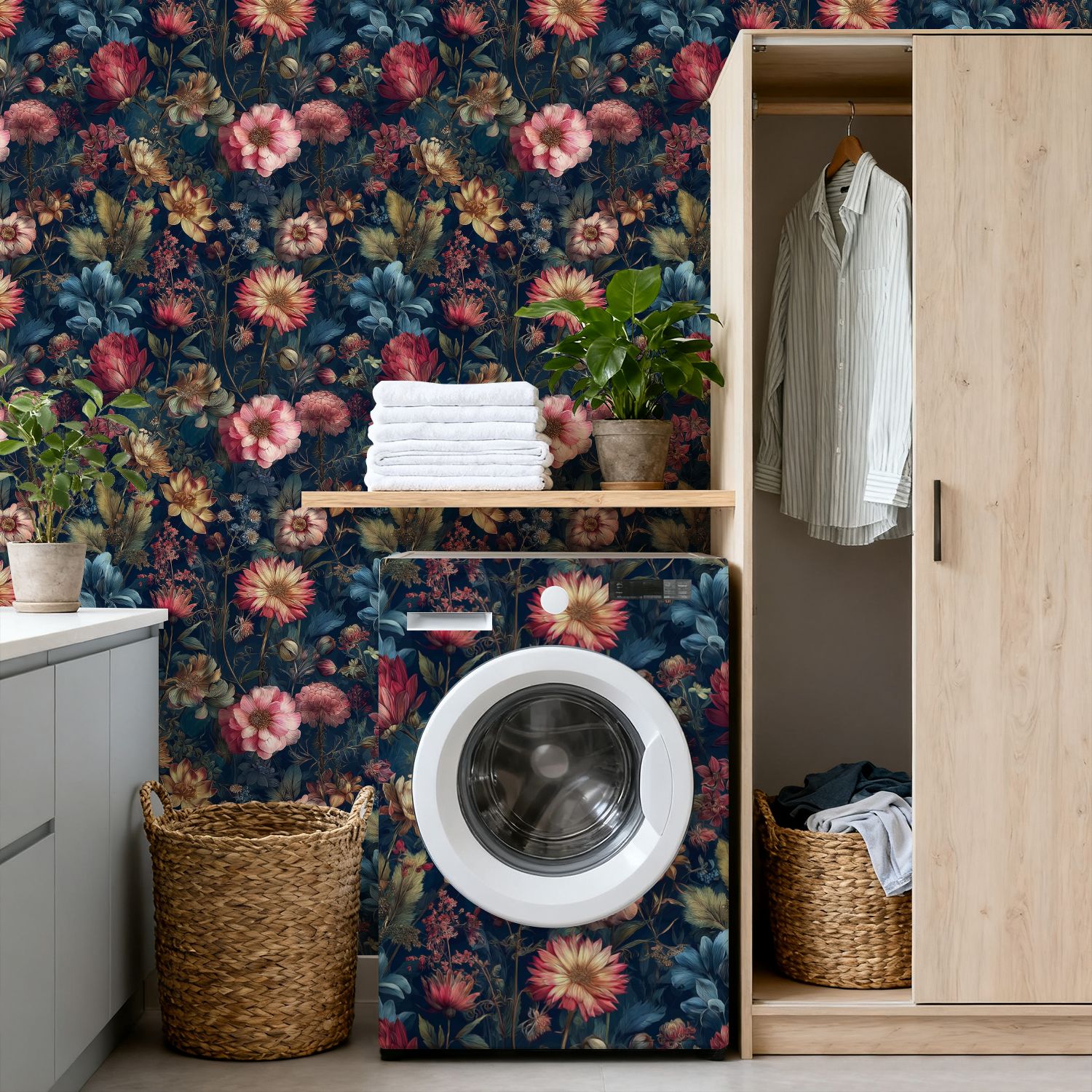 Peel and Stick Wallpaper 17.7in x 9.8ft Floral Botanical Vibrant Pink Red Yellow Blooms Dark Blue Contact Paper Vinyl Self-Adhesive Removable Wall Paper for Bedroom DIY Home Decor Renter Friendly
