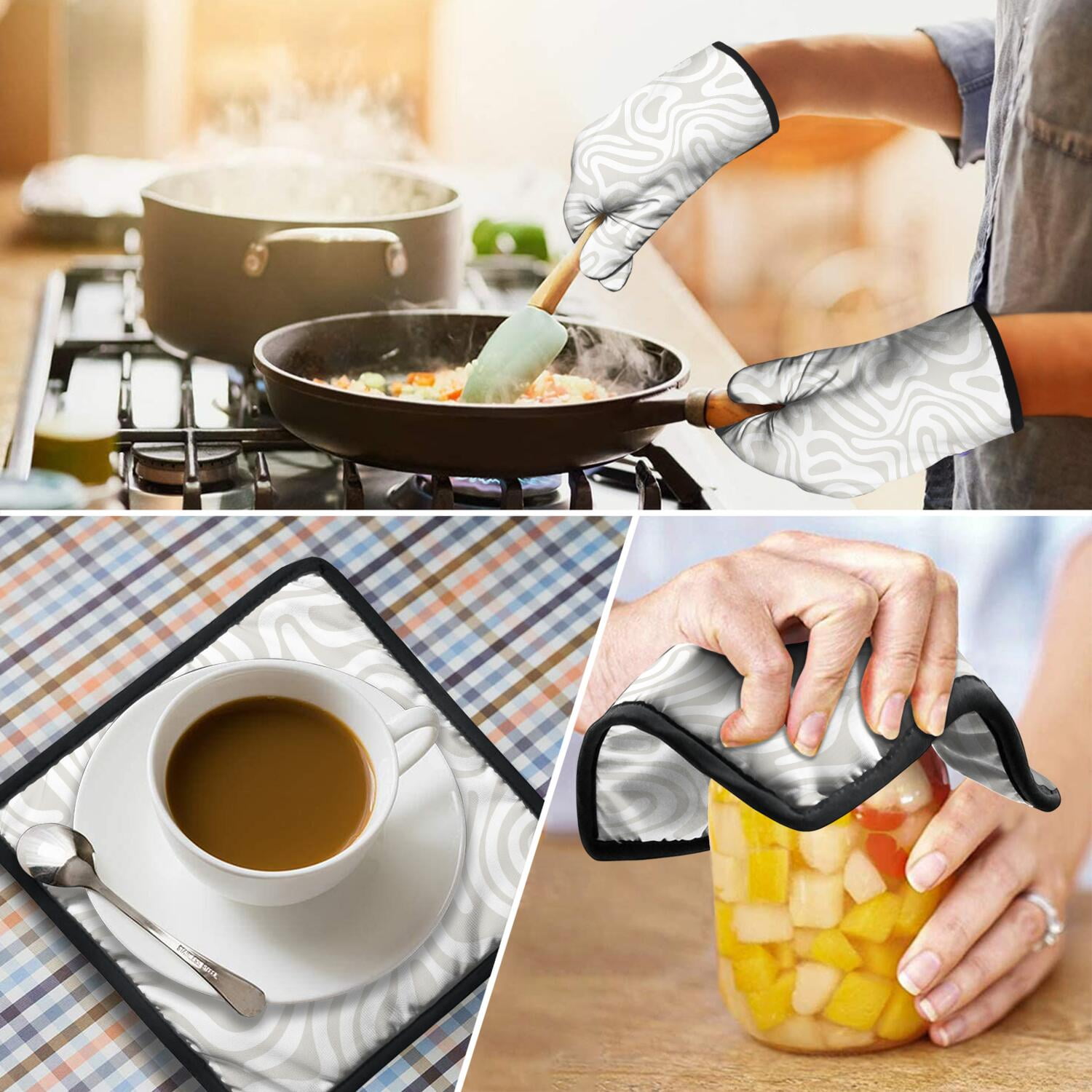 Oven Mitts and Pot Holders Set Of 4, Heat Resistant Kitchen Gloves with Non-Slip Grip, Hanging Loop, Soft Cotton Lining for Baking, Cooking, Grilling, Barbecue