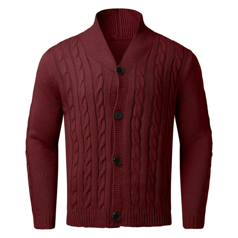 Red Mens Cable Knit Cardigan Sweater Shawl Collar Loose Fit Long Sleeve  Casual Cardigans 