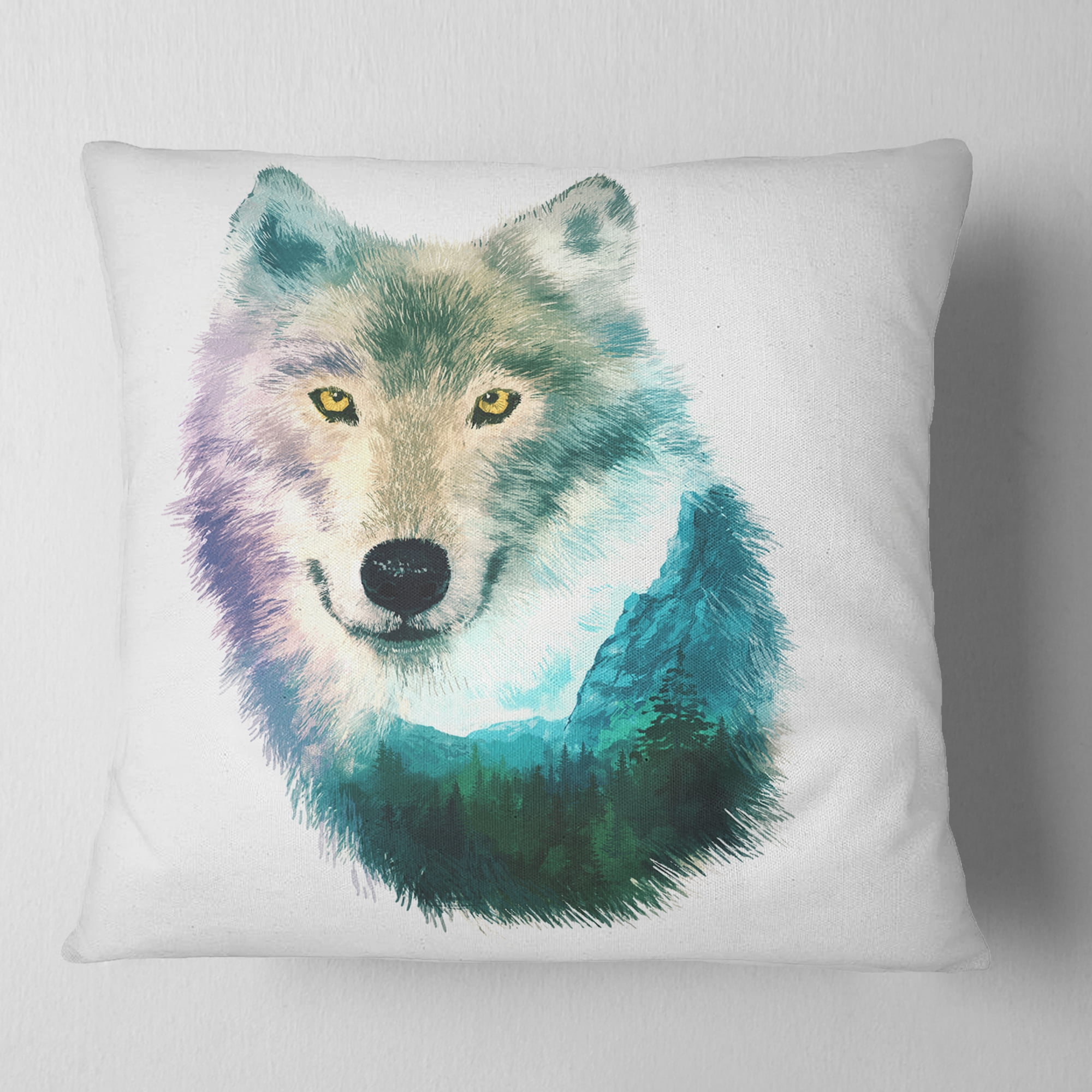 Designart Wolf Head Double Exposure Drawing - Animal Throw Pillow - 18x18