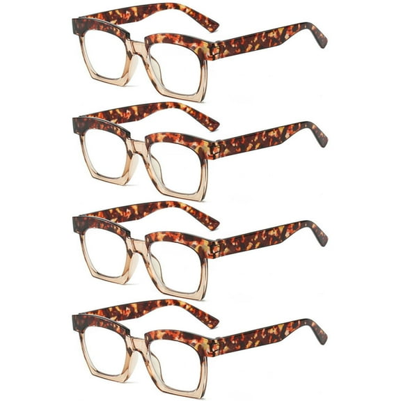 4 Pairs of Womens Thick Oversized Square Fashionable Reading Glasses Mens Blue Light Blocking Tortoiseshell Readers