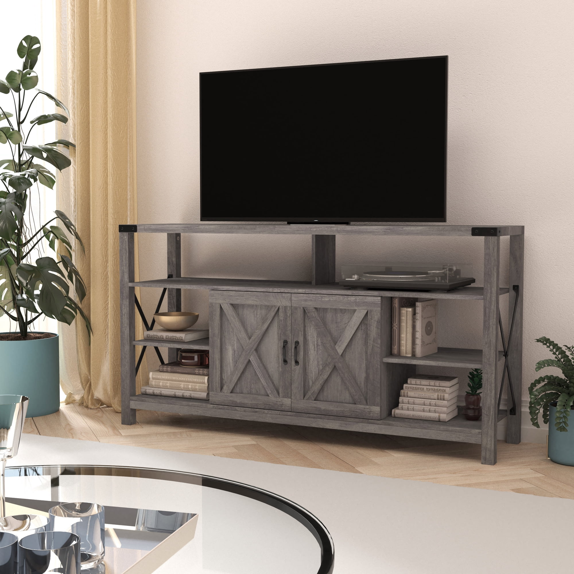 Merrick Lane 60" Media Console in Graywash for 55+ Inch TV's with Open and Closed Storage