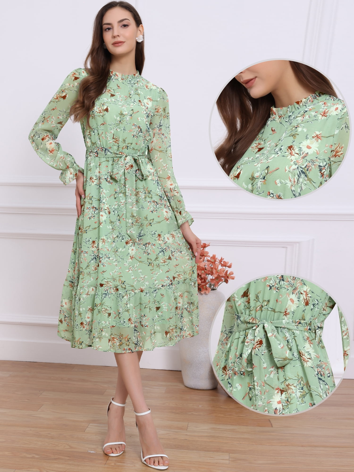 DARING DIVA Fall Floral Long Sleeve Chiffon Midi Dress M Grey Green