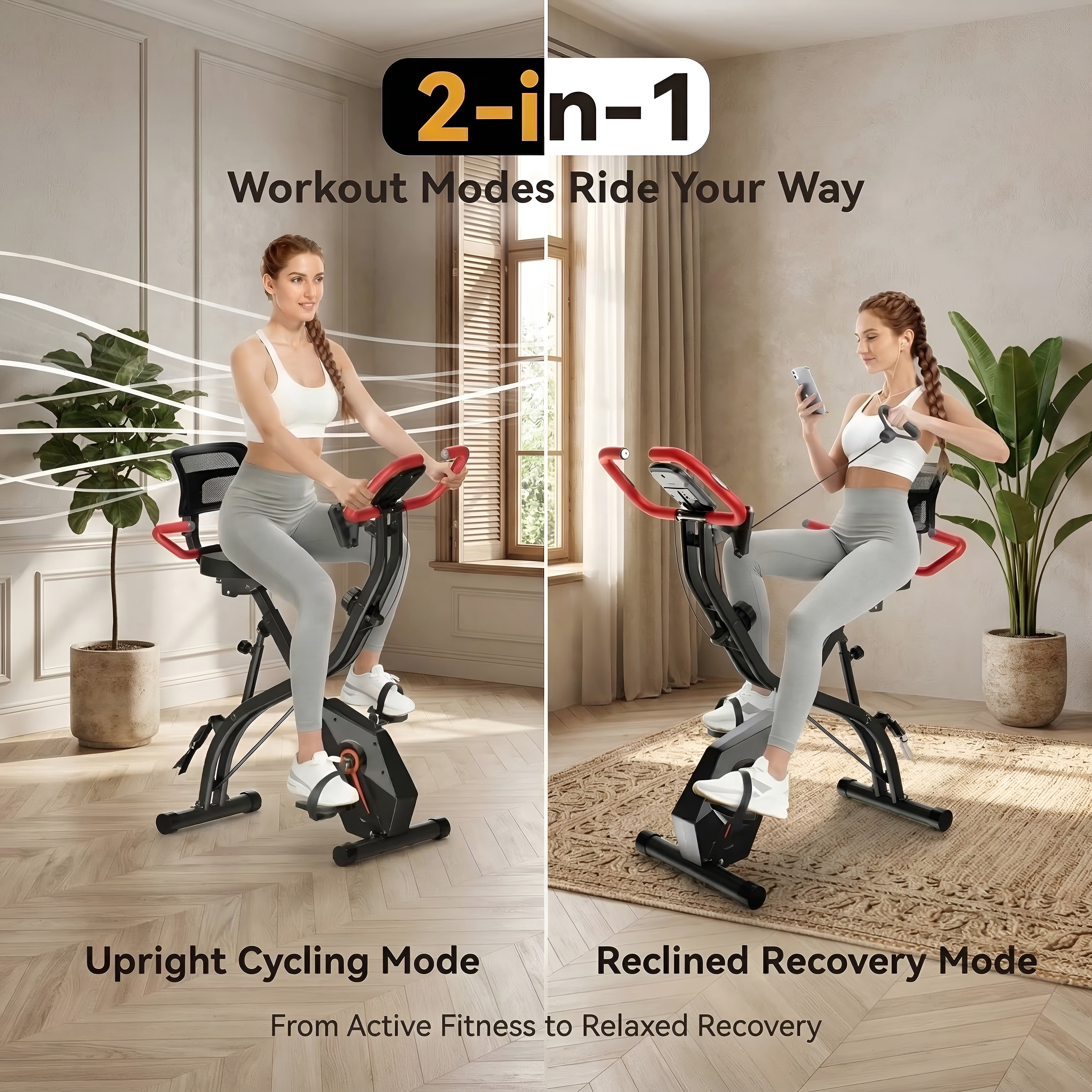 USLIM Foldable Stationary Exercise Bike for Home Workout, Indoor Cycling Design, Mesh Backrest, Wide Seat, Arm Resistance Bands, 300 lb Capacity, Red
