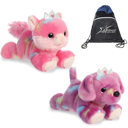 Aurora - Bright Fancies Set of 2 Plush - 7" Princess Tutti Puppy and 7" Princess Frutti Kitty, with Myriads Drawstring Bag