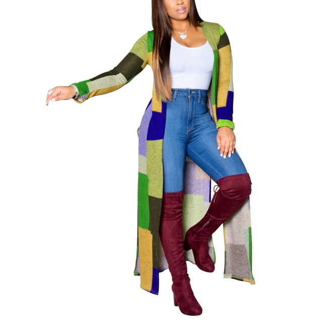 Women Plaid Color Block Long Sleeve Kimono Loose Cardigan Lightweight Cover Up Ladies Color Plaid Cardigan Ladies Open Front Casual Knit Long Sleeve Tops
