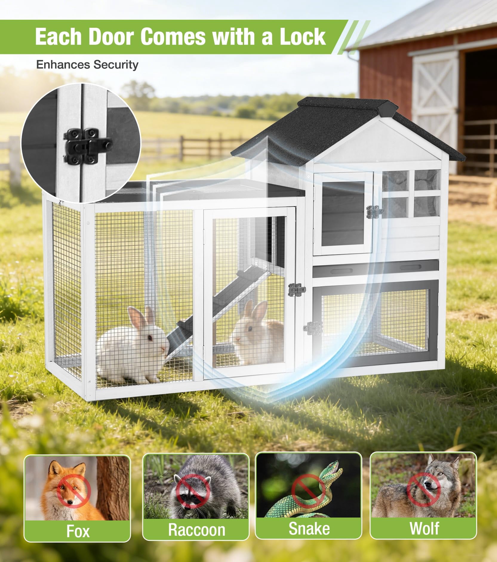 Aivituvin Rabbit Hutch Outdoor Rabbit Cage Indoor 51.6" L Waterproof Bunny Cage with Chew-Proof Ramp and Lockable Doors for Indoor Outdoor Use Black and White