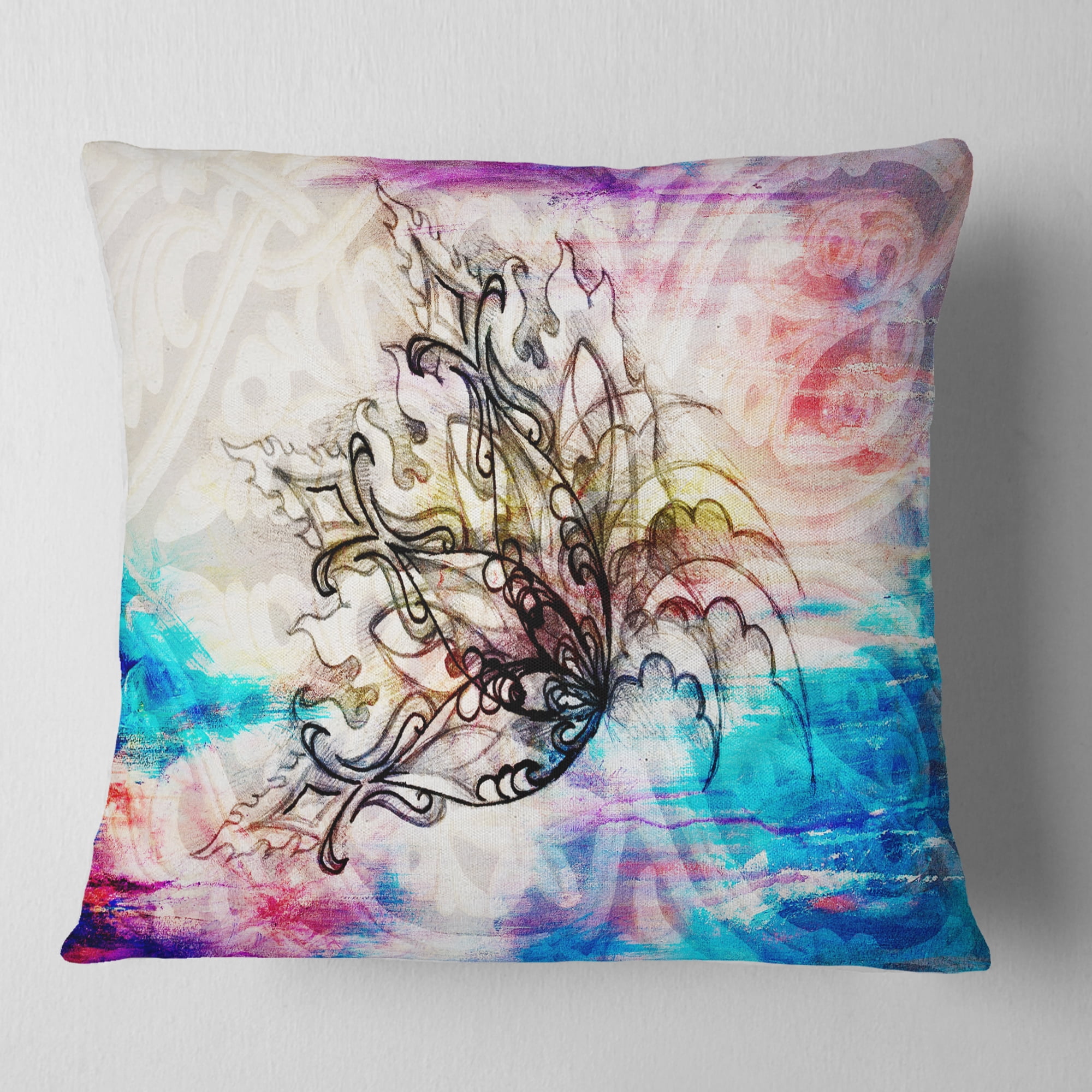 Designart Blue Paper Flower and Flame - Floral Throw Pillow - 16x16