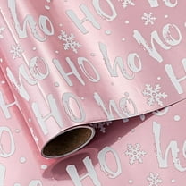 WarmHaven Christmas Wrapping Paper Roll for Girls Women, Ho Ho Ho Lettering on Pink Metallic Foil, Mini Roll 17 in x 9.8 Ft, Glossy Gift Wrap with Snowflakes & Cutting Grid
