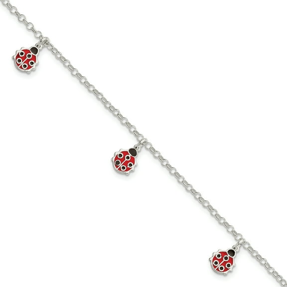 Primal Silver Sterling Silver Polished Children's Enameled Ladybug Bracelet
