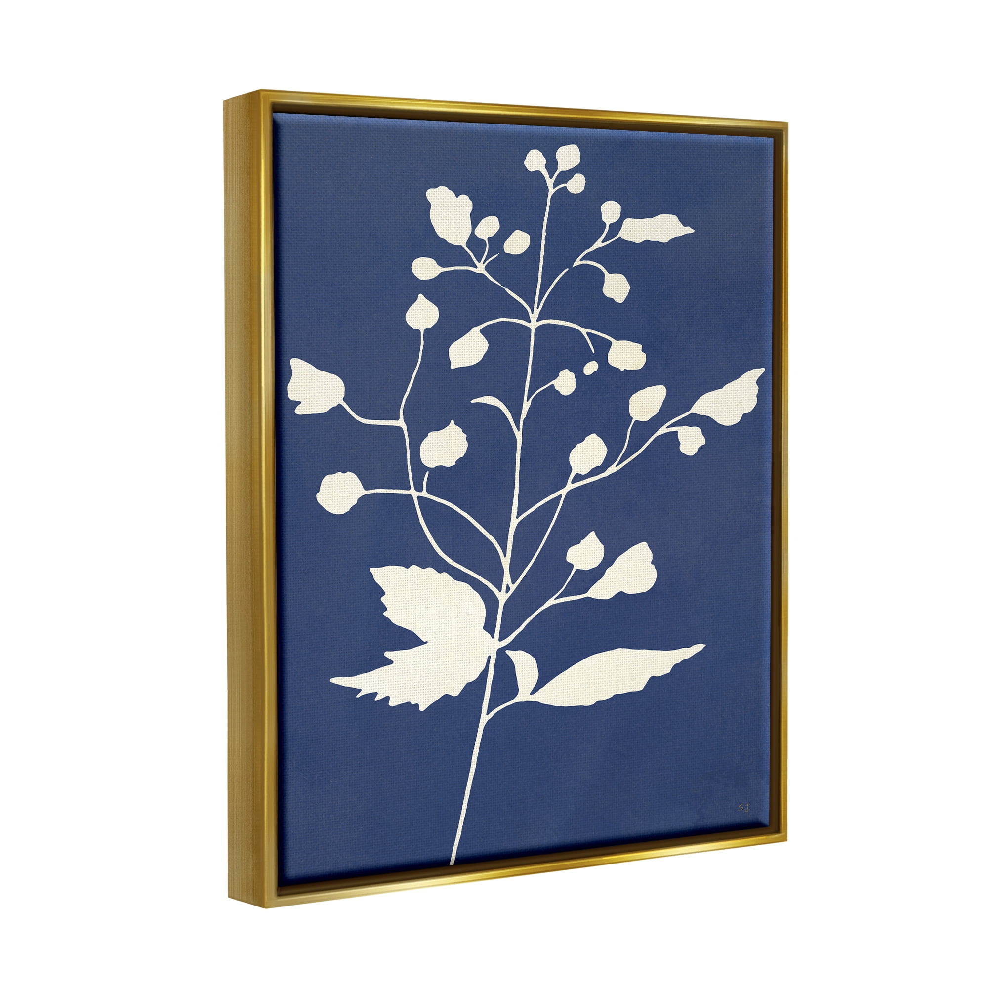 Stupell Industries Contemporary Botanical Sprig Shape Abstract Plant Leaves Graphic Art Metallic Gold Floating Framed Canvas Print Wall Art, Design by Susan Jill