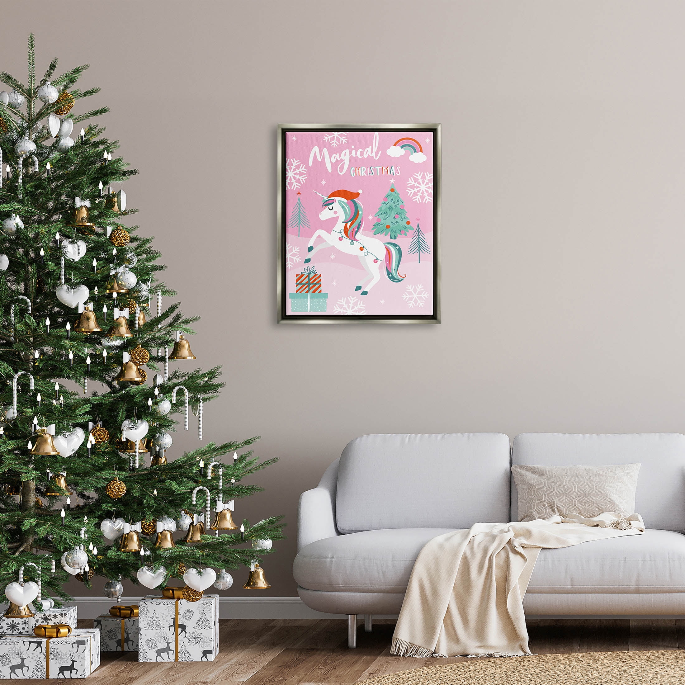 Magical Christmas Pink Unicorn Holiday Graphic Art Luster Gray Framed Art Print Wall Art