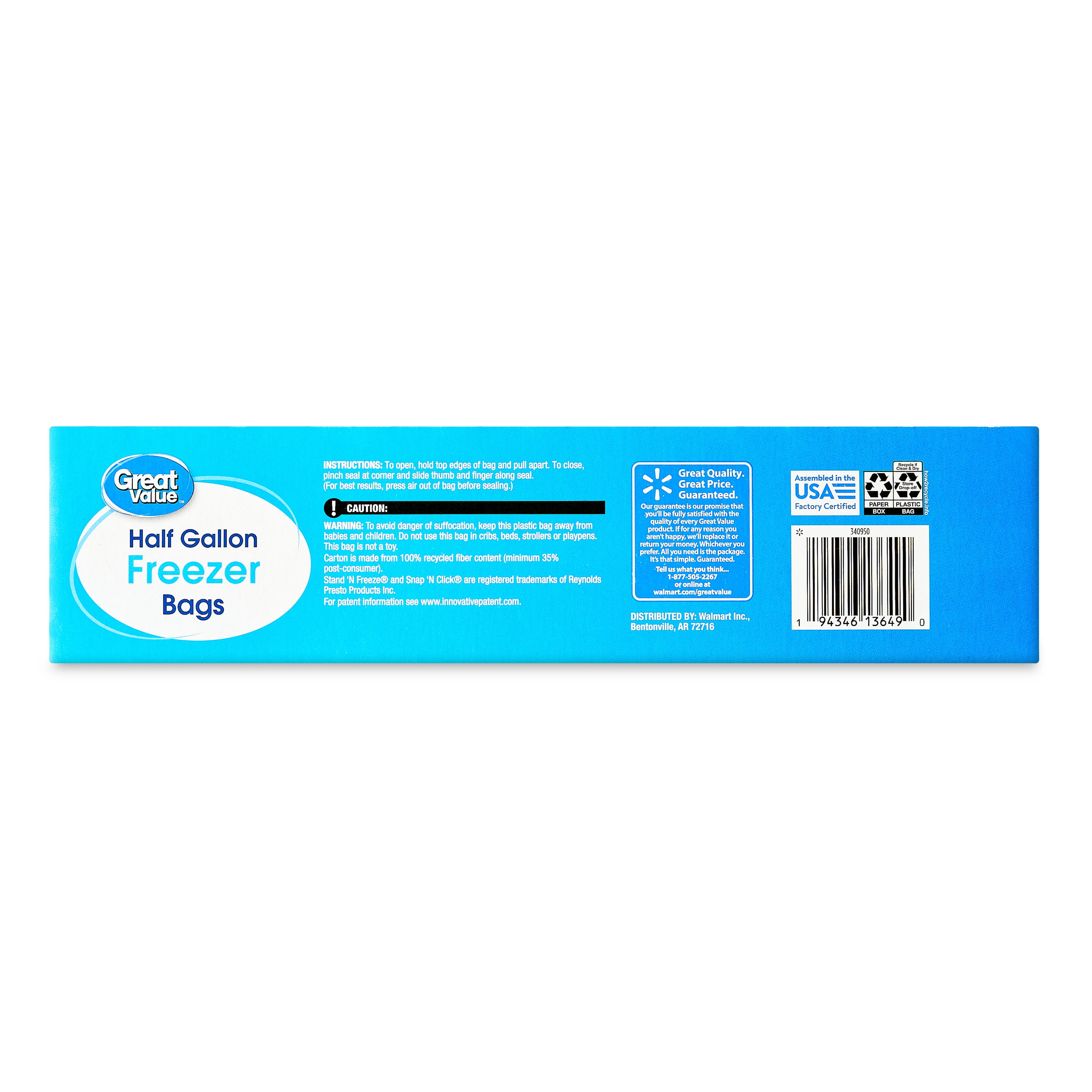 Great Value Double Zipper Half Gallon Freezer Bags, 40 Count
