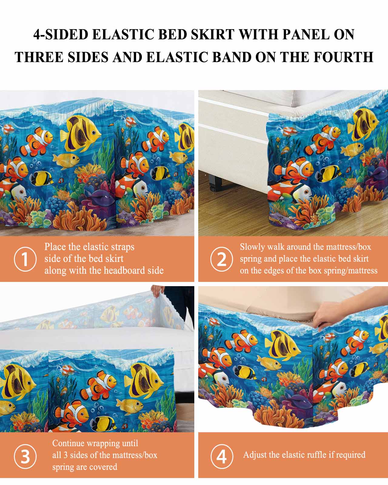 Ocean Tropical Ruffle Bed Skirt King Size Marine Life Colorful Fish Coral Seagrass Adjustable Elastic Dust Bed Skirts Wrap Around Bedskirt Wrinkle Free Easy Fit with 16 Inch Drop